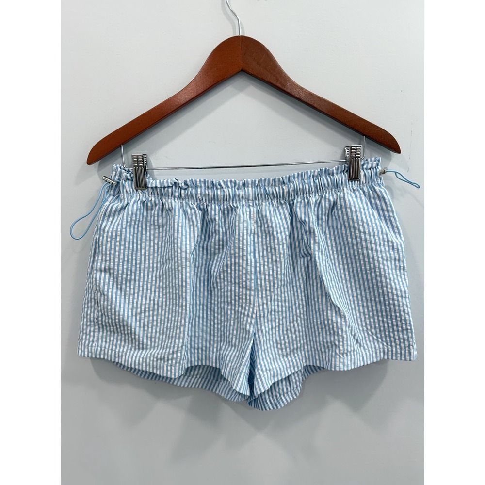 No Boundaries Striped Seersucker Bungee Shorts Blue White Elastic Waist Large